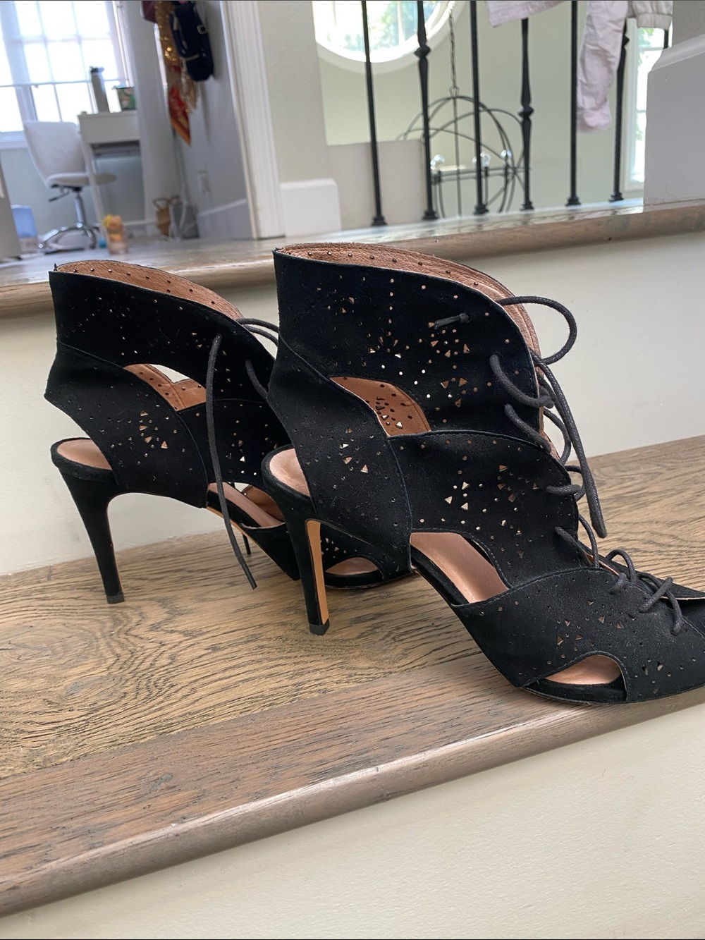 Joie Black Laser-Cut Lace-Up Suede Heels